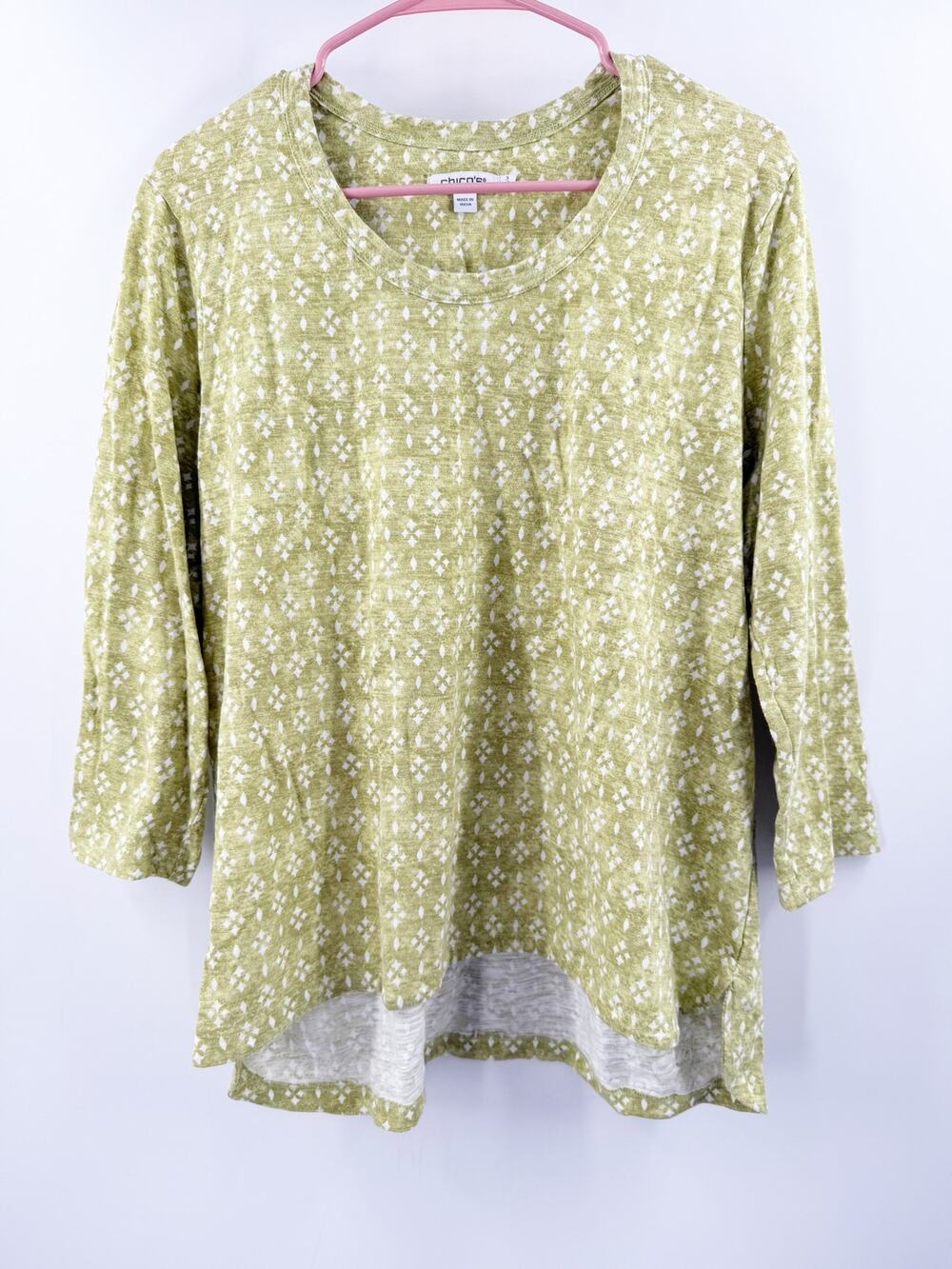 Chico's Tunic Top Women’s Extra Large Cotton Blend 3/4 sleeves scoop lime green